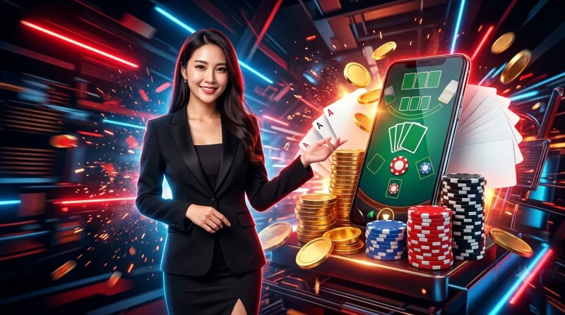 Bàn blackjack với bài và chip, minh họa game đánh bài blackjack