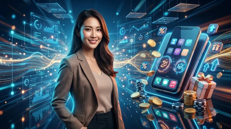 Bàn tay cầm hộp quà khuyến mãi i9bet với tiền xu và biểu đồ tăng trưởng