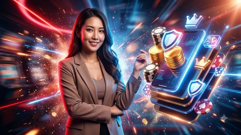 Bàn tay cầm khiên vàng với biểu tượng kiểm tra, xung quanh là đồng xu và biểu đồ tăng trưởng