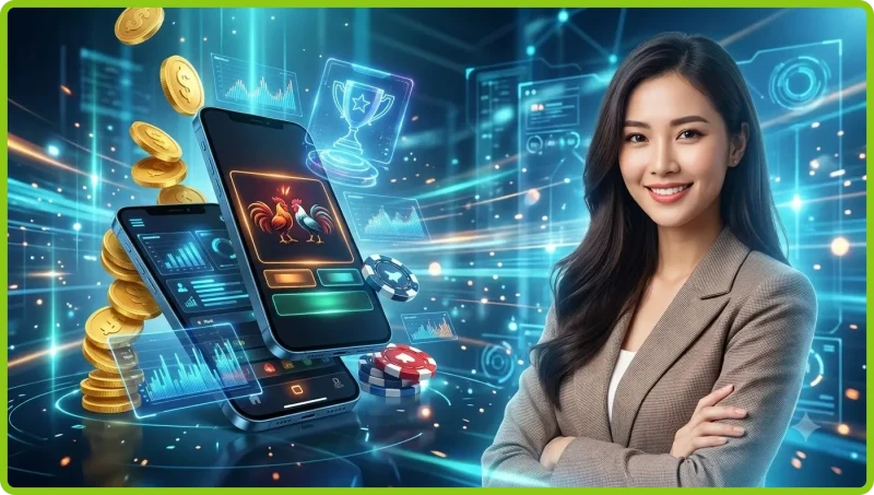 Chú gà chọi mạnh mẽ trên nền sang trọng với tiền vàng và hiệu ứng neon - đá gà i9bet
