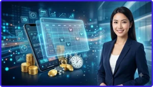 Gà chọi đứng trên chuồng với biểu tượng lịch âm và phong thủy