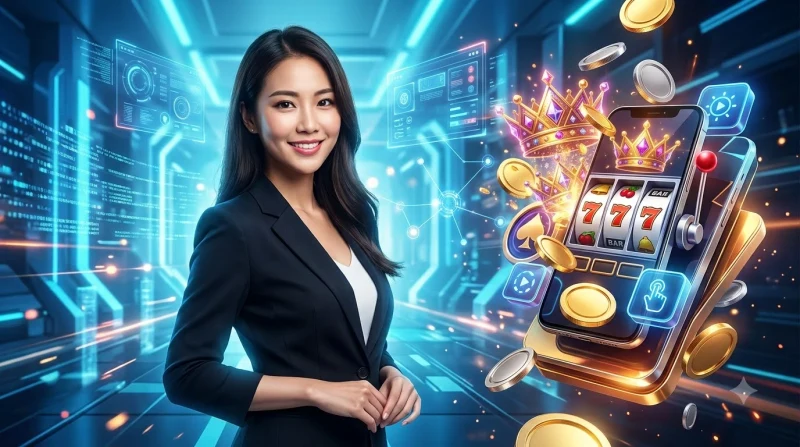 Máy slot với cảnh báo và bàn tay nhấn nút quay, minh họa sai lầm khi chơi nổ hũ