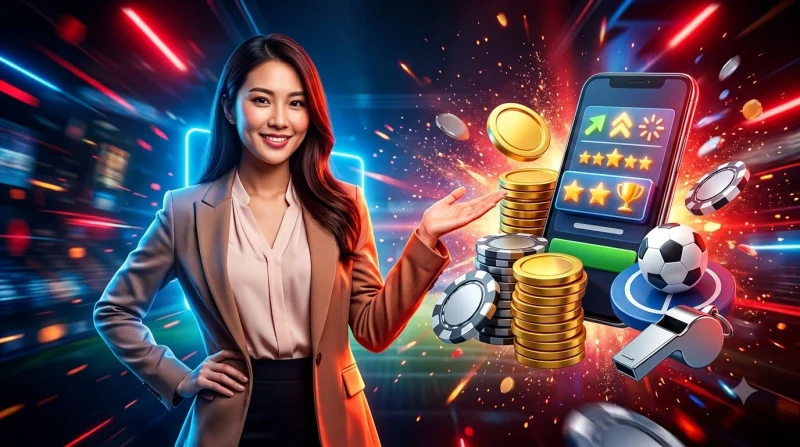 Người chơi cá cược chuyên nghiệp sử dụng laptop và đồng xu vàng, minh họa chiến thuật cược kèo penalty hiệu quả