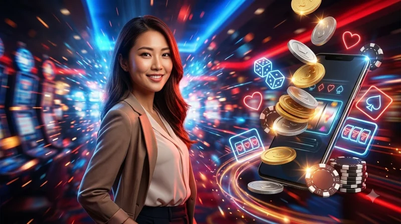 Người chơi cá cược chuyên nghiệp trong sòng bài cao cấp với điện thoại thông minh, thể hiện sự uy tín và đẳng cấp của nhà cái i9bet
