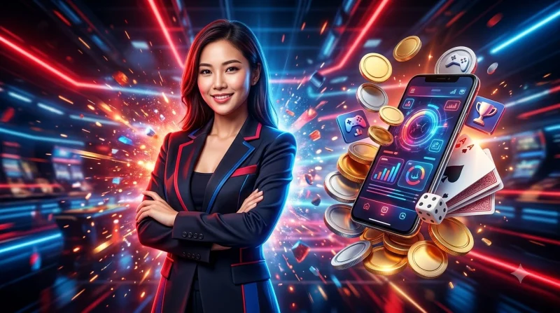 Người chơi cá cược chuyên nghiệp trong sòng bài cao cấp với điện thoại thông minh, thể hiện sự uy tín và đẳng cấp của nhà cái i9bet