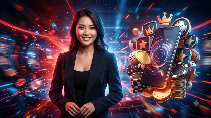 Người chơi cá cược chuyên nghiệp trong sòng bài cao cấp với điện thoại thông minh, thể hiện sự uy tín và đẳng cấp của nhà cái i9bet