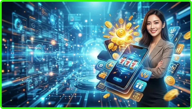 Người chơi sử dụng điện thoại để chơi nổ hũ i9bet trong sòng bạc sang trọng