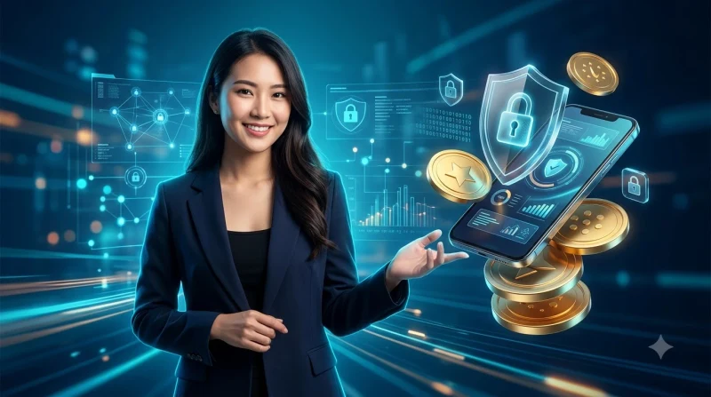 Người dùng đang bảo vệ thông tin cá nhân với biểu tượng khiên bảo mật và ổ khóa