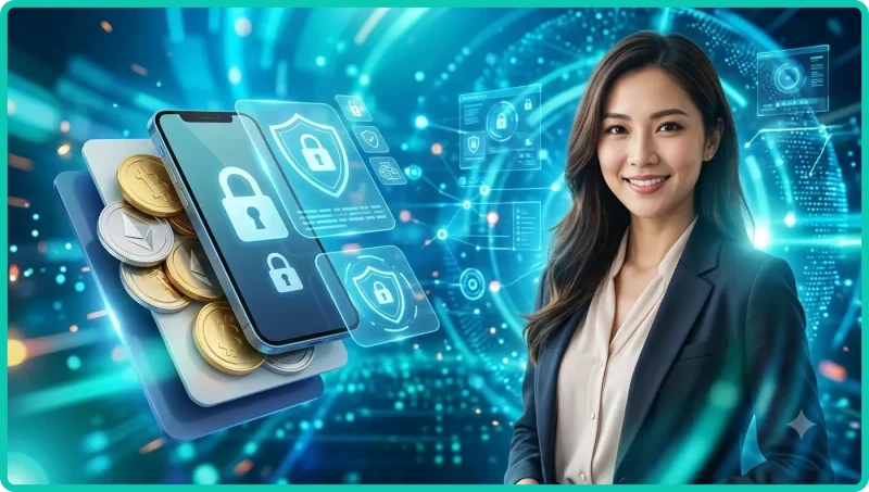 Người dùng đang bảo vệ thông tin cá nhân với biểu tượng khiên bảo mật và ổ khóa